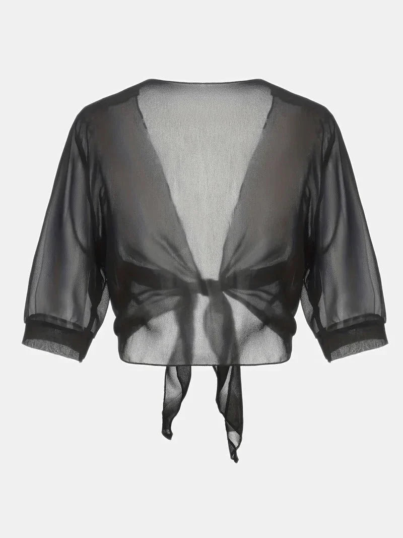 Women's sheer tie-front blouse with 3/4 sleeve and open front