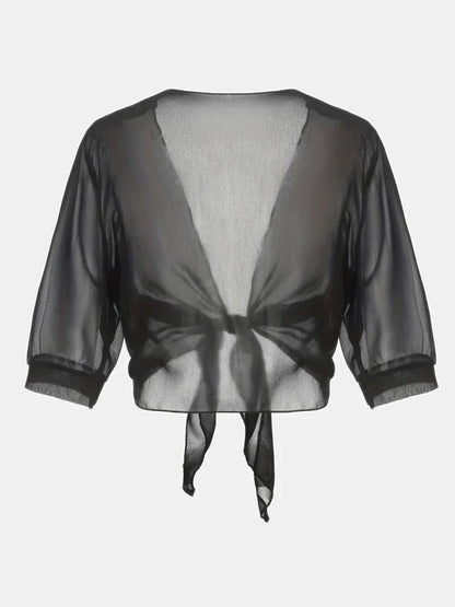 Women's sheer tie-front blouse with 3/4 sleeve and open front