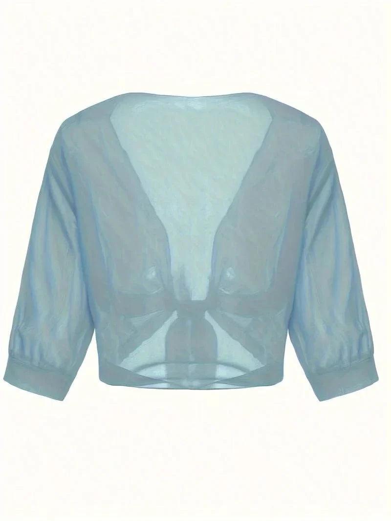 Women's sheer tie-front blouse with 3/4 sleeve and open front