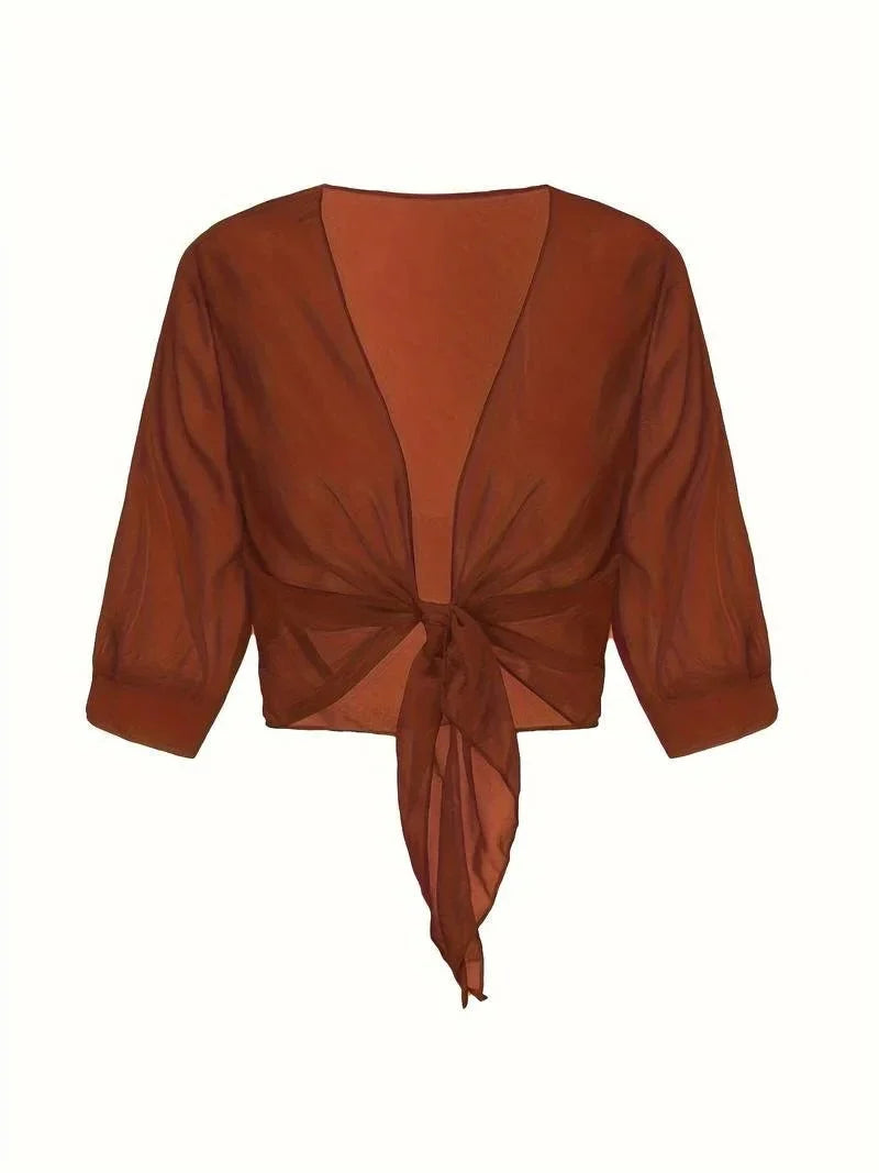 Women's sheer tie-front blouse with 3/4 sleeve and open front