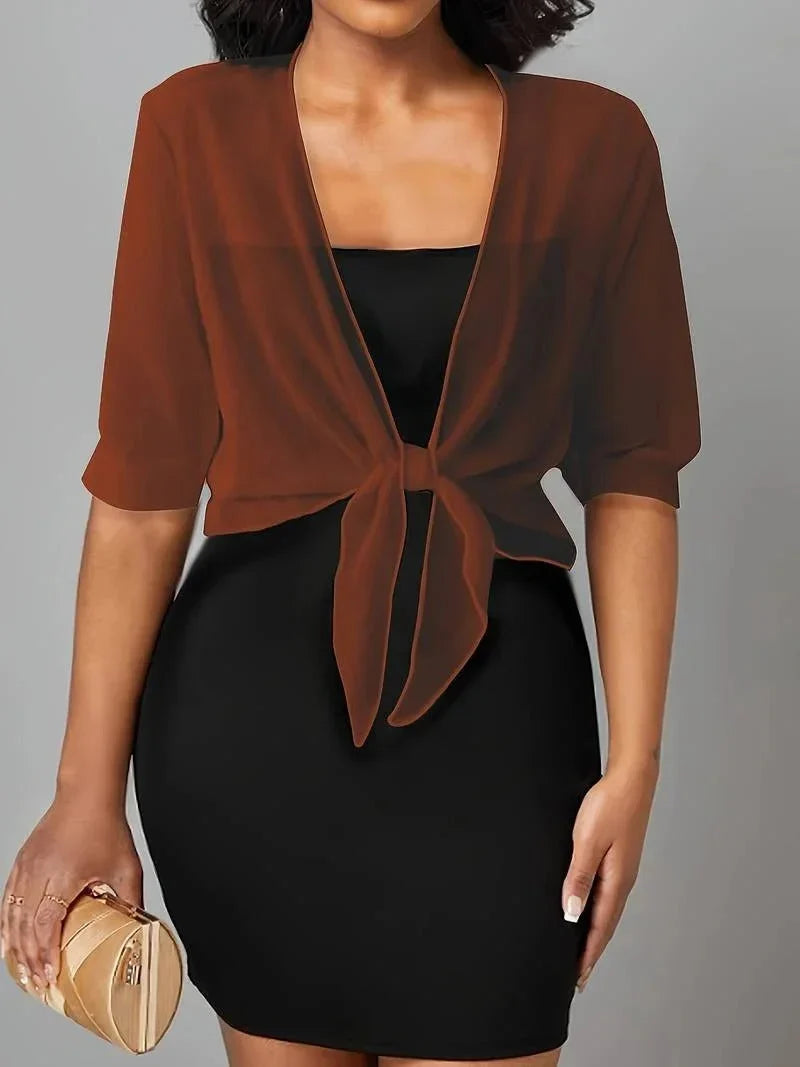 Women's sheer tie-front blouse with 3/4 sleeve and open front – Caramel