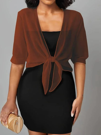 Women's sheer tie-front blouse with 3/4 sleeve and open front – Caramel