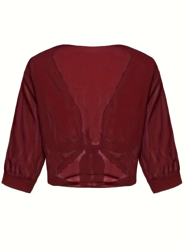 Women's sheer tie-front blouse with 3/4 sleeve and open front