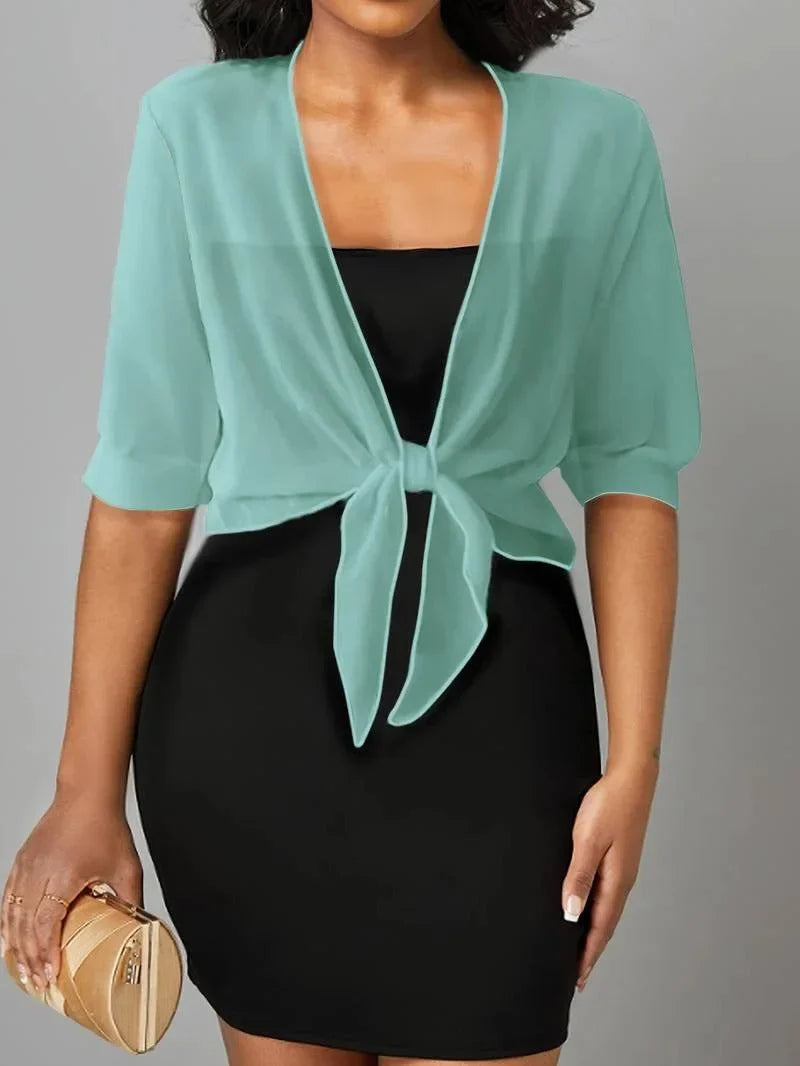 Women's sheer tie-front blouse with 3/4 sleeve and open front – Emerald