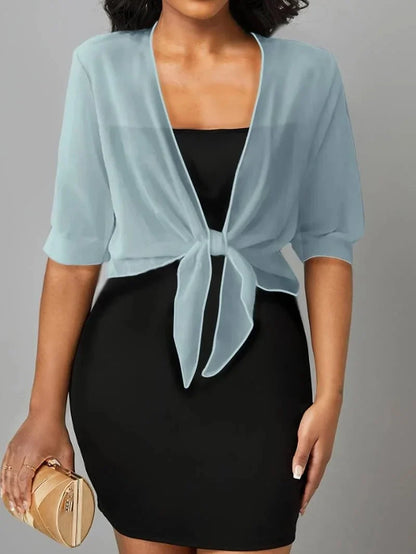 Women's sheer tie-front blouse with 3/4 sleeve and open front – Light Blue