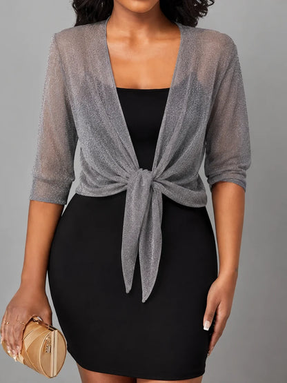 Women's sheer tie-front blouse with 3/4 sleeve and open front – Light Grey