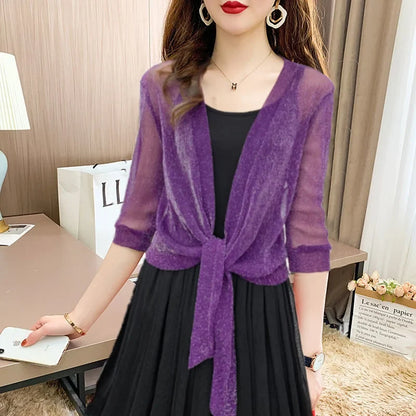 Women's sheer tie-front blouse with 3/4 sleeve and open front – Purple