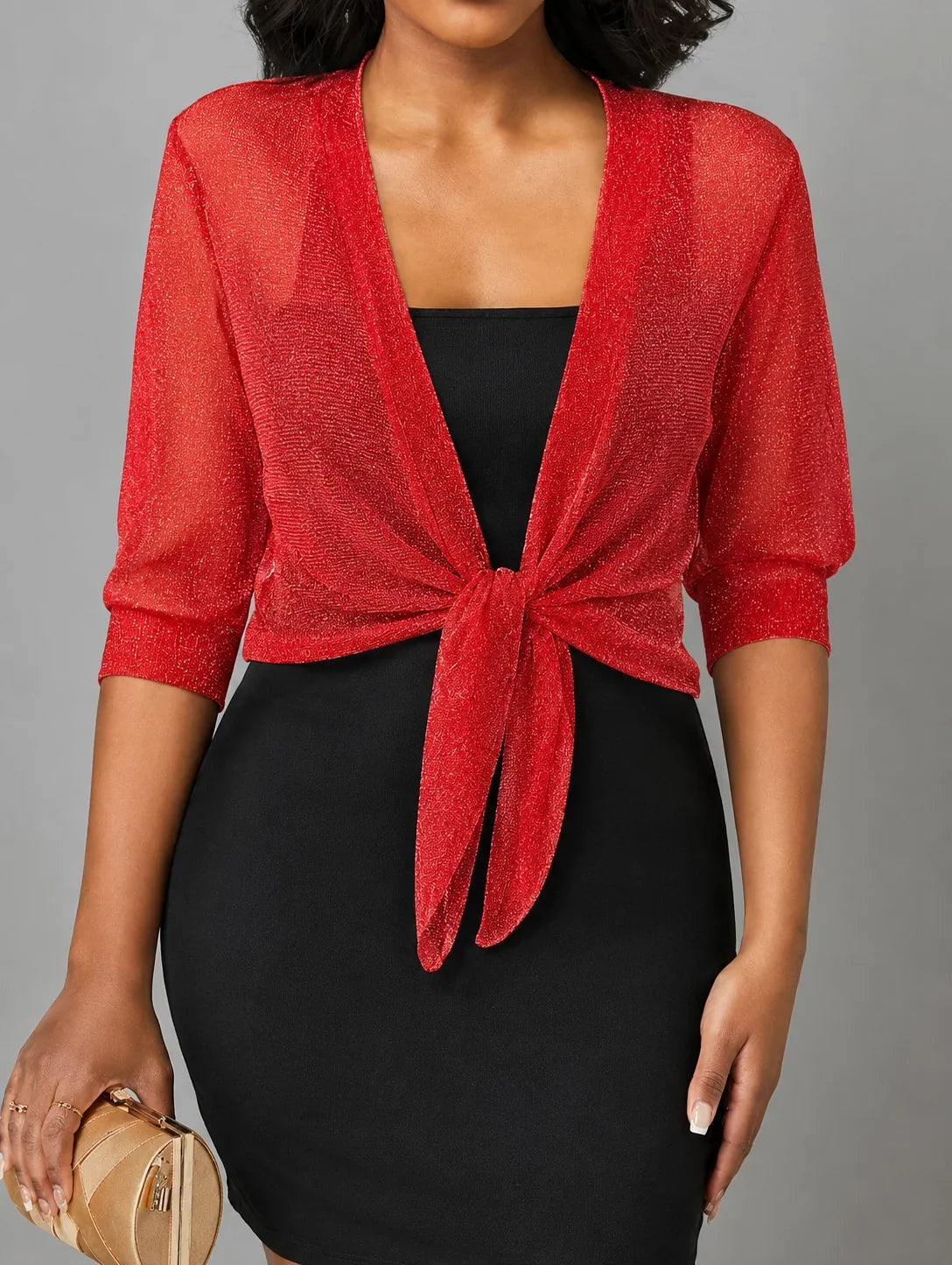 Women's sheer tie-front blouse with 3/4 sleeve and open front – Red