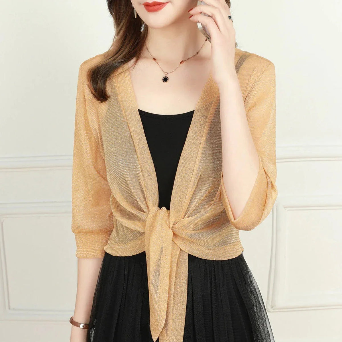 Women's sheer tie-front blouse with 3/4 sleeve and open front – Sunshine Yellow