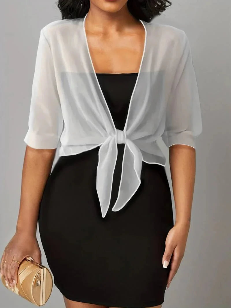 Women's sheer tie-front blouse with 3/4 sleeve and open front – White