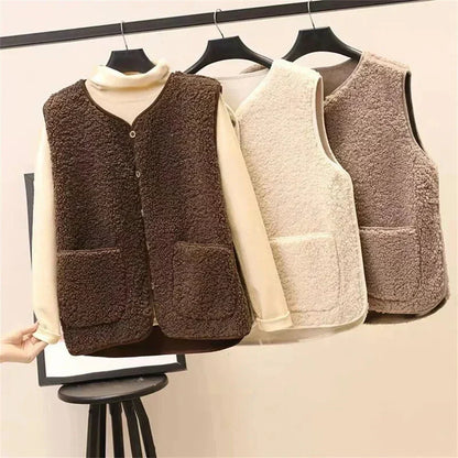 Women's sherpa button-up vest gilet with V-neck