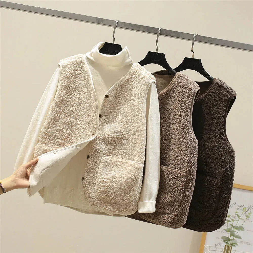 Women's sherpa button-up vest gilet with V-neck