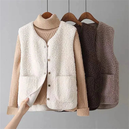 Women's sherpa button-up vest gilet with V-neck – Beige