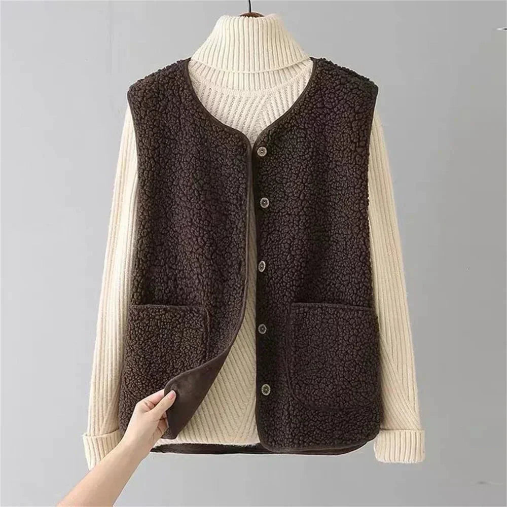 Women's sherpa button-up vest gilet with V-neck – Brown