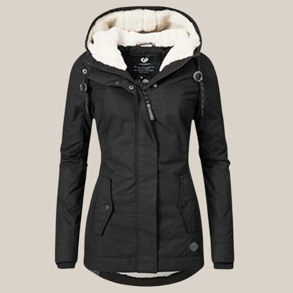 Women's sherpa-lined hooded quilted jacket fleece winter coat – Black