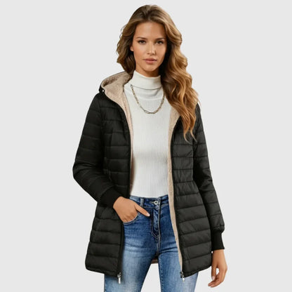 Women's sherpa-lined puffer jacket with hood and ribbed cuffs – Black