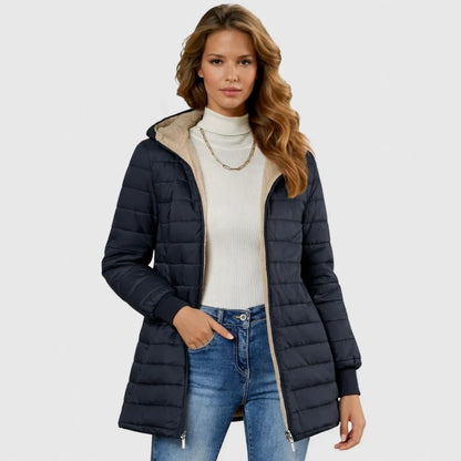 Women's sherpa-lined puffer jacket with hood and ribbed cuffs – Blue