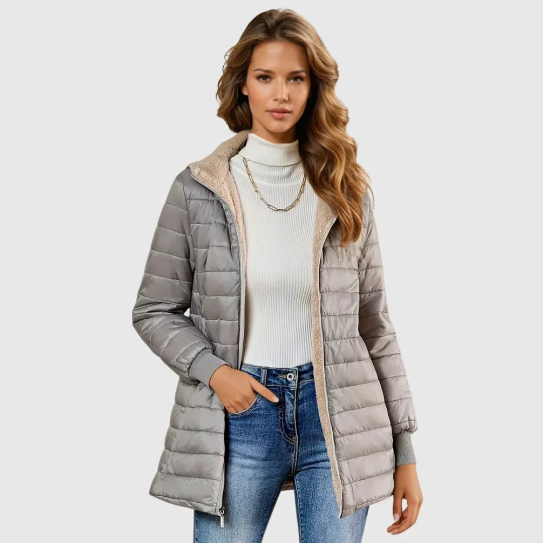 Women's sherpa-lined puffer jacket with hood and ribbed cuffs – Grey