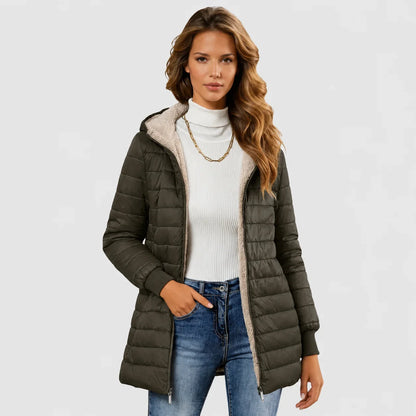 Women's sherpa-lined puffer jacket with hood and ribbed cuffs – Green