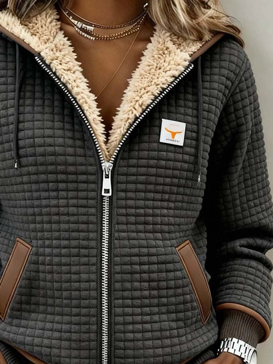 Women's sherpa-lined quilted jacket full-zip hooded fleece – Dark Grey