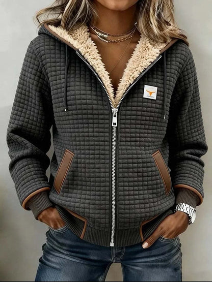 Women's sherpa-lined quilted jacket full-zip hooded fleece – Dark Grey