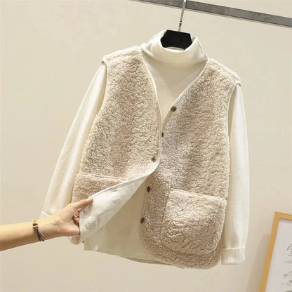 Women's sherpa vest with button-front V-neck and patch pockets