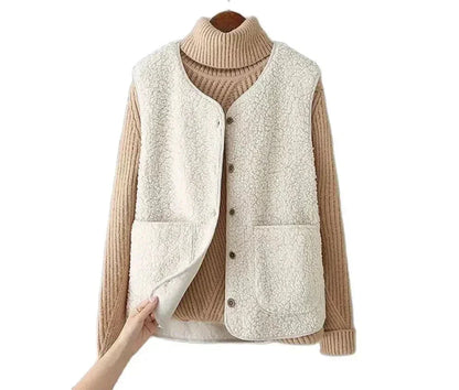 Women's sherpa vest with button-front V-neck and patch pockets