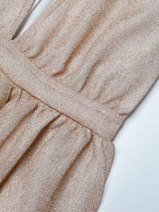 Women's shimmer wrap maxi dress with V-neck long sleeves and elasticated waist – Beige