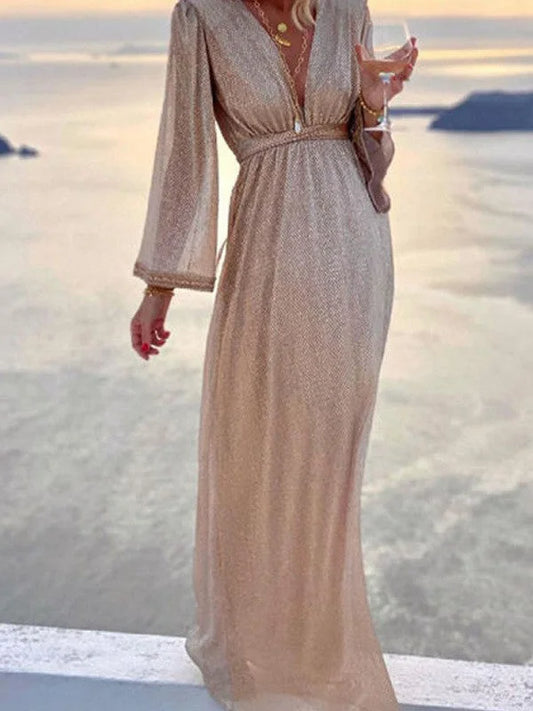 Women's shimmer wrap maxi dress with V-neck long sleeves and elasticated waist – Beige