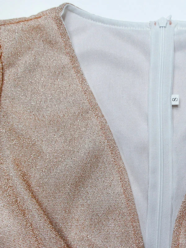 Women's shimmer wrap maxi dress with V-neck long sleeves and elasticated waist – Beige