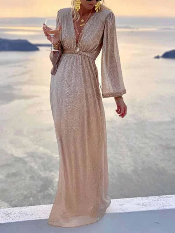 Women's shimmer wrap maxi dress with V-neck long sleeves and elasticated waist – Beige