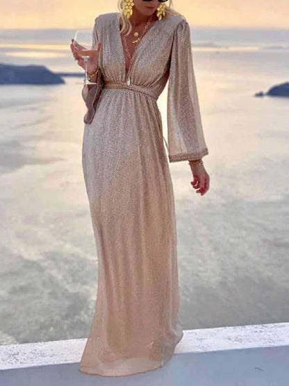 Women's shimmer wrap maxi dress with V-neck long sleeves and elasticated waist – Beige