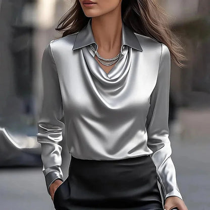 Women's shiny satin blouse with V-neck cowl design and long sleeves – Grey