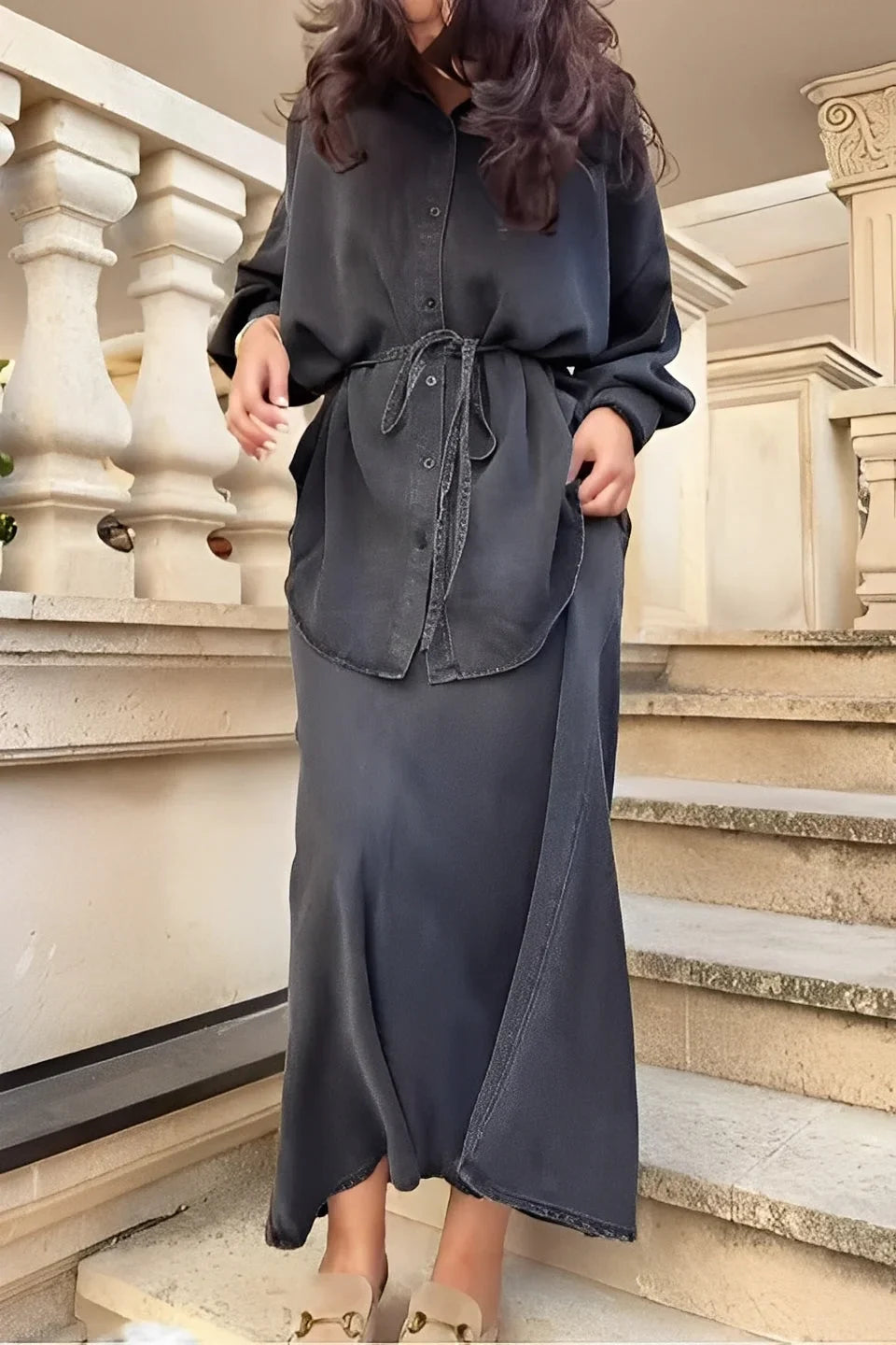 Women's silky long-sleeve button-up tie-waist shirt and maxi skirt set