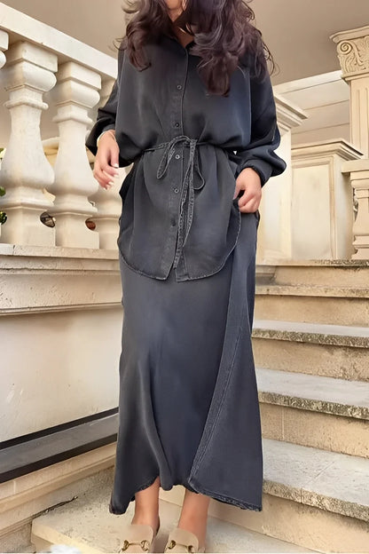 Women's silky long-sleeve button-up tie-waist shirt and maxi skirt set