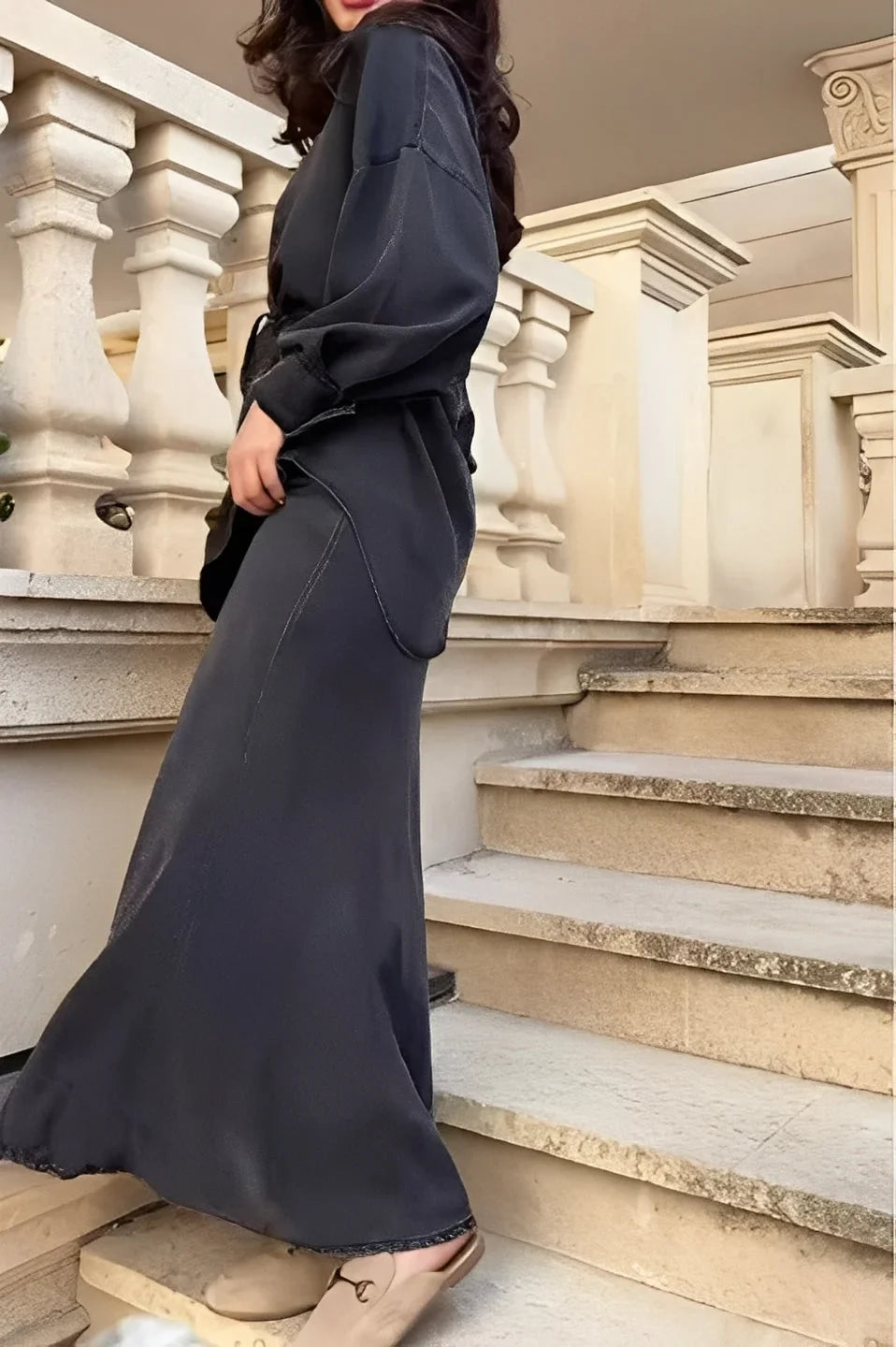 Women's silky long-sleeve button-up tie-waist shirt and maxi skirt set