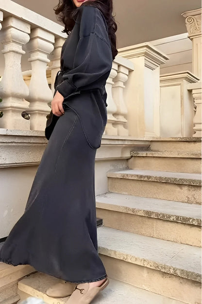 Women's silky long-sleeve button-up tie-waist shirt and maxi skirt set