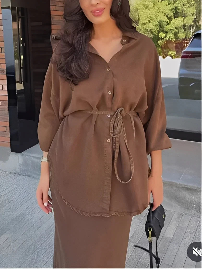 Women's silky long-sleeve button-up tie-waist shirt and maxi skirt set