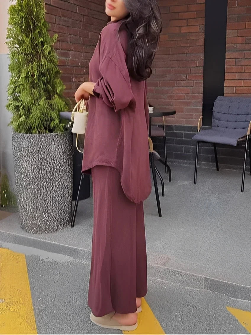 Women's silky long-sleeve button-up tie-waist shirt and maxi skirt set