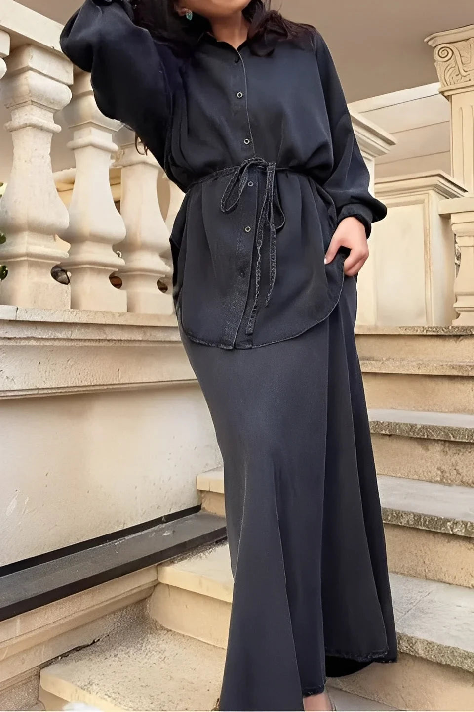 Women's silky long-sleeve button-up tie-waist shirt and maxi skirt set