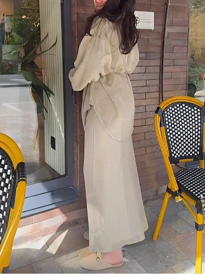 Women's silky long-sleeve button-up tie-waist shirt and maxi skirt set