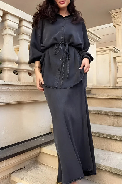 Women's silky long-sleeve button-up tie-waist shirt and maxi skirt set – Black