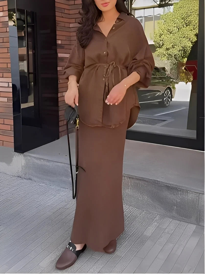 Women's silky long-sleeve button-up tie-waist shirt and maxi skirt set – Brown