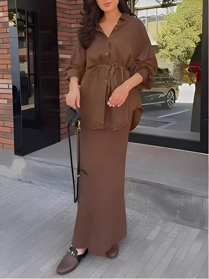 Women's silky long-sleeve button-up tie-waist shirt and maxi skirt set – Brown