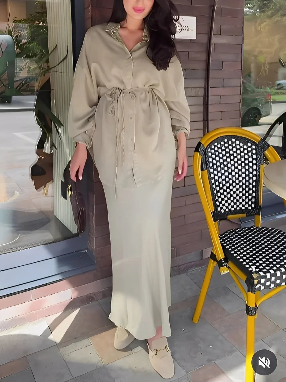 Women's silky long-sleeve button-up tie-waist shirt and maxi skirt set – Light green