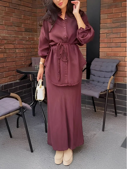 Women's silky long-sleeve button-up tie-waist shirt and maxi skirt set – Red