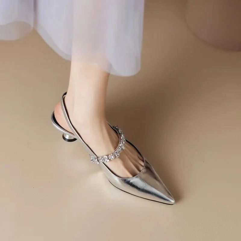 Women's crystal-strap pointed-toe slingback pumps with buckle