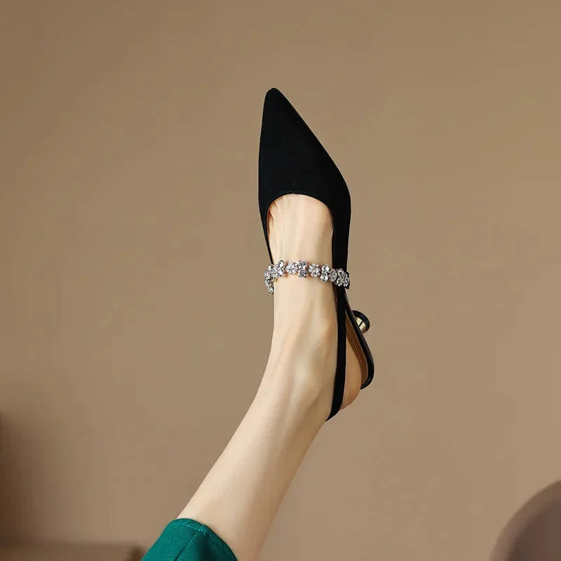Women's crystal-strap pointed-toe slingback pumps with buckle