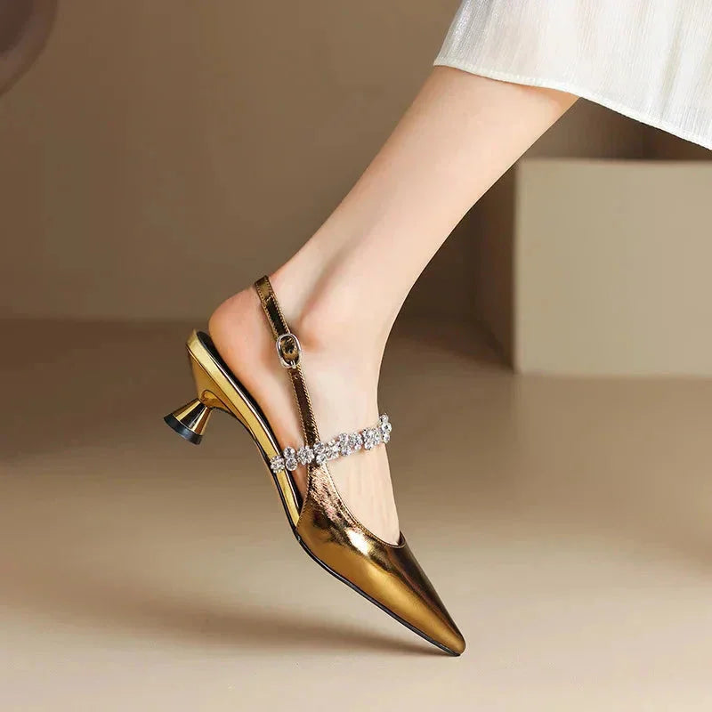 Women's crystal-strap pointed-toe slingback pumps with buckle