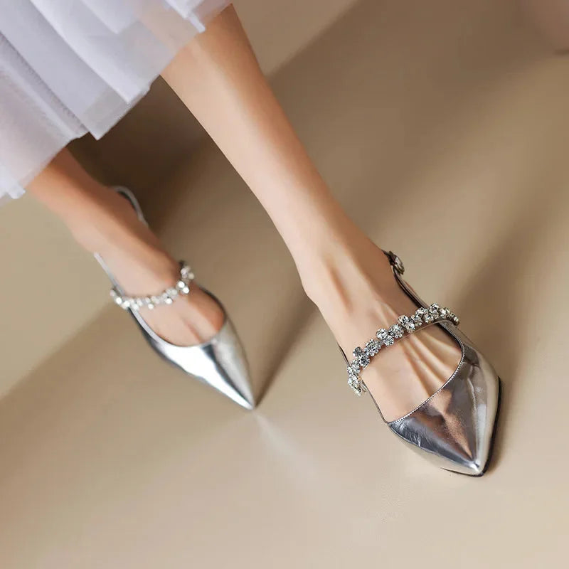 Women's crystal-strap pointed-toe slingback pumps with buckle